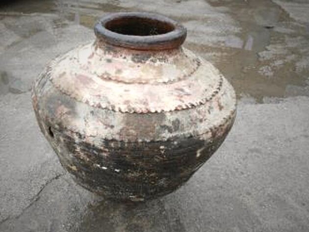 Enez Jar, Small — broad round-shouldered clay jar, serrated band, dark rim, sooty lower half