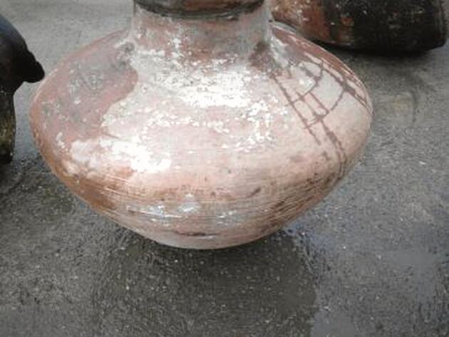 Enez Jar, Medium — wide squat clay jar with chalky pink-white surface, close view