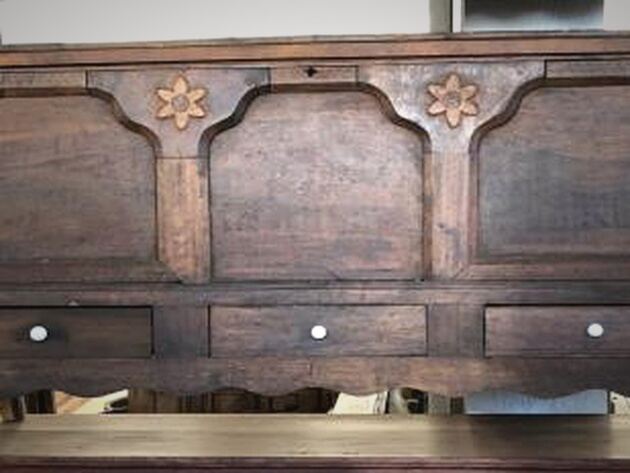 Hatay Wood Chest — dark walnut chest with arched panels, floral inlays and three drawers