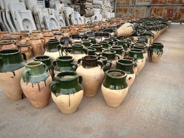 Konya Glazed Jar, Green — cream clay jars with dark green glaze drips, loop handles