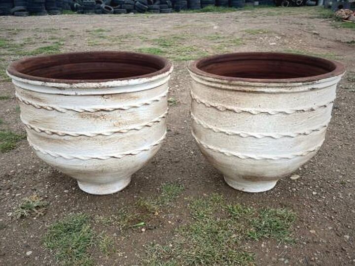 Dağar Pottery, Medium — two white-washed wide pots with rope-trim bands and red interior