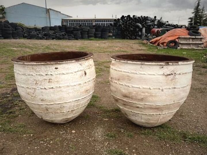 Dağar Pottery, Large — two large round white pots with rope-trim bands on grass